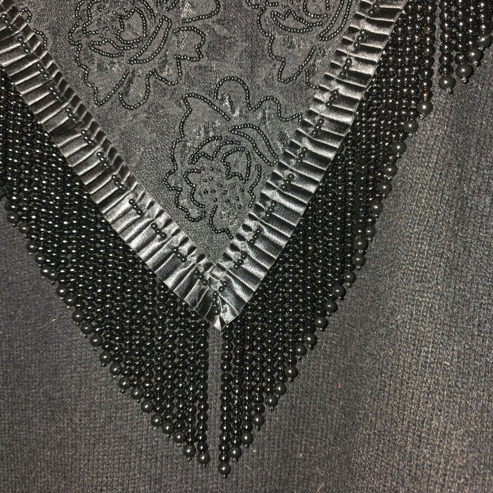 Diane Freis Knits Black Beaded Fringed Embroidered Black Angora & Wool Cutout L - Picture 7 of 17